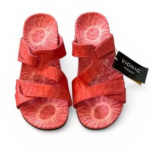 Vionic Lauren Slide Sandals Women Size 7 Coral Red Orthaheel Croc Embossed Strap